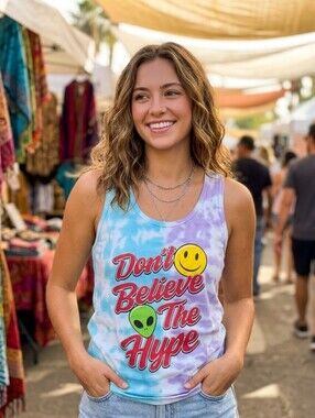Dont Believe The Hype Alien Smiley Face Tie Dye Tank Top Size Medium Women's